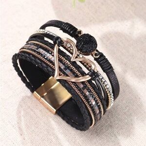 Black Rhinestone Druzy and. Heart Faux Leather Fashion Bracelet BR03